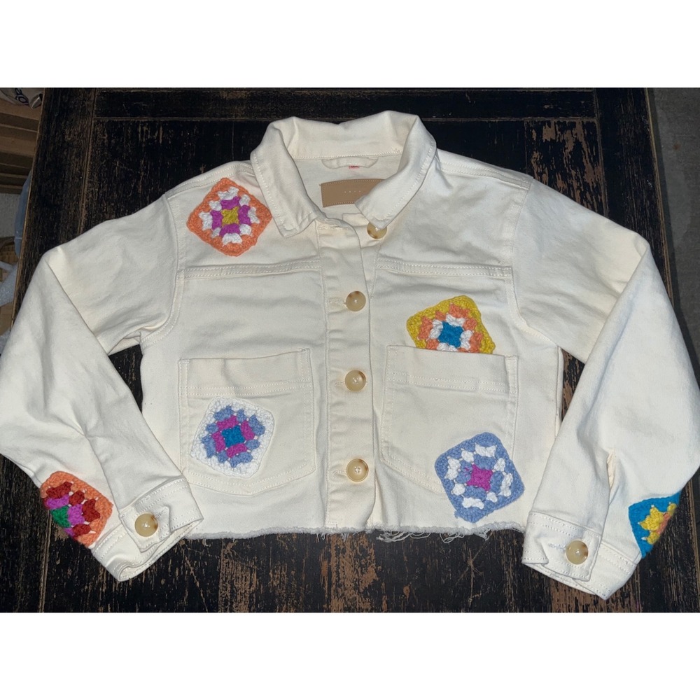 BlankNYC Kids Off White Denim Jacket Crochet Granny Square Patches Size M